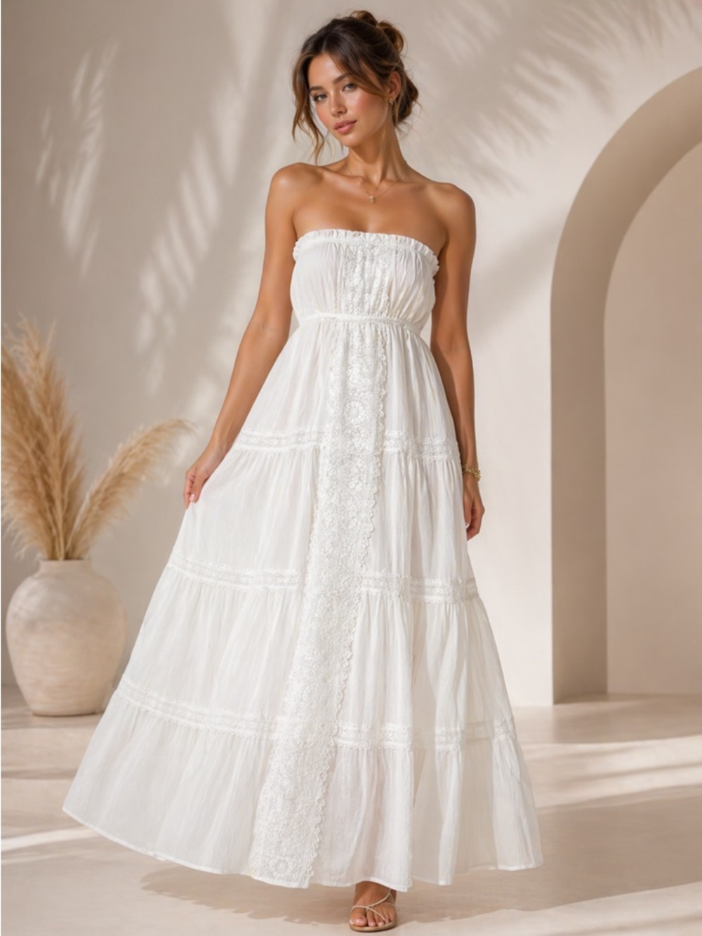 Justify White Strapless Lace-Panel Maxi Dress